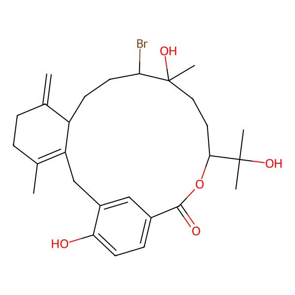 2D Structure of (11R,12S,15S)-11-bromo-12,21-dihydroxy-15-(2-hydroxypropan-2-yl)-4,12-dimethyl-7-methylidene-16-oxatricyclo[16.3.1.03,8]docosa-1(21),3,18(22),19-tetraen-17-one