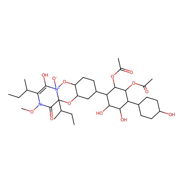 2D Structure of [2-Acetyloxy-3-[10,13-di(butan-2-yl)-14-hydroxy-12-methoxy-1-oxido-11-oxo-2,9-dioxa-12-aza-1-azoniatricyclo[8.4.0.03,8]tetradec-13-en-6-yl]-4,5-dihydroxy-6-(4-hydroxycyclohexyl)cyclohexyl] acetate