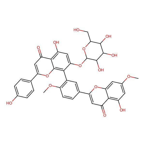 2D Structure of 5-Hydroxy-8-[5-(5-hydroxy-7-methoxy-4-oxochromen-2-yl)-2-methoxyphenyl]-2-(4-hydroxyphenyl)-7-[3,4,5-trihydroxy-6-(hydroxymethyl)oxan-2-yl]oxychromen-4-one