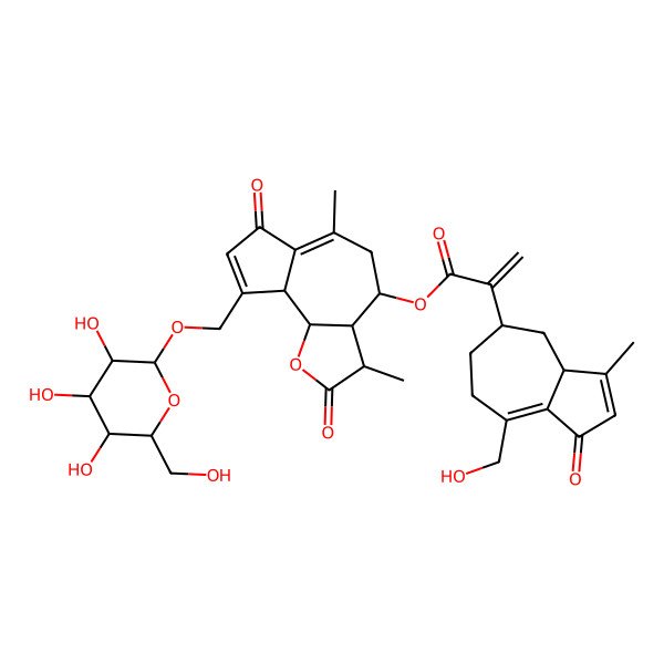 2D Structure of [(3S,3aR,4S,9aS,9bS)-3,6-dimethyl-2,7-dioxo-9-[[(2R,3R,4S,5S,6S)-3,4,5-trihydroxy-6-(hydroxymethyl)oxan-2-yl]oxymethyl]-3,3a,4,5,9a,9b-hexahydroazuleno[4,5-b]furan-4-yl] 2-[(3aS,5R)-8-(hydroxymethyl)-3-methyl-1-oxo-4,5,6,7-tetrahydro-3aH-azulen-5-yl]prop-2-enoate