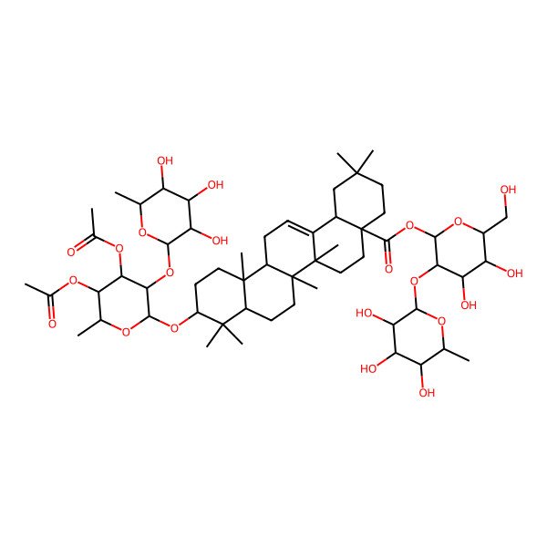 2D Structure of [(2S,3R,4S,5S,6R)-4,5-dihydroxy-6-(hydroxymethyl)-3-[(2S,3R,4R,5R,6S)-3,4,5-trihydroxy-6-methyloxan-2-yl]oxyoxan-2-yl] (4aS,6aR,6aS,6bR,8aR,10S,12aR,14bS)-10-[(2R,3R,4S,5S,6R)-4,5-diacetyloxy-6-methyl-3-[(2S,3R,4R,5R,6S)-3,4,5-trihydroxy-6-methyloxan-2-yl]oxyoxan-2-yl]oxy-2,2,6a,6b,9,9,12a-heptamethyl-1,3,4,5,6,6a,7,8,8a,10,11,12,13,14b-tetradecahydropicene-4a-carboxylate