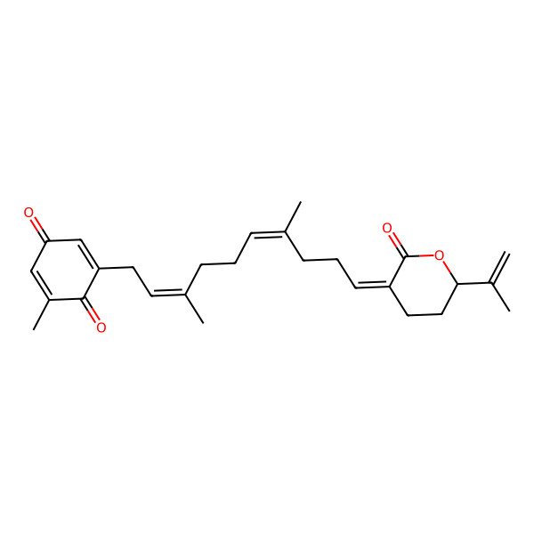 2D Structure of 2-[(2E,6E,10Z)-3,7-dimethyl-10-[(6R)-2-oxo-6-prop-1-en-2-yloxan-3-ylidene]deca-2,6-dienyl]-6-methylcyclohexa-2,5-diene-1,4-dione