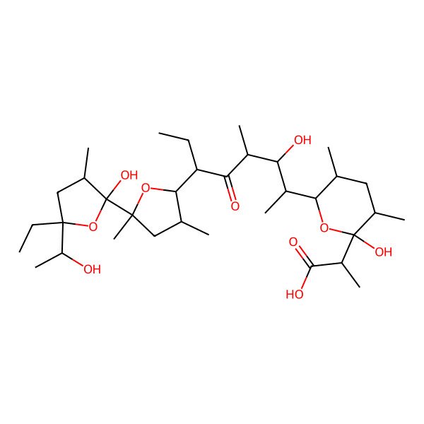 2D Structure of 2-(6-(6-(5'-Ethyl-2'-hydroxy-5'-(1-hydroxyethyl)-2,3',4-trimethyl(2,2'-bioxolan)-5-yl)-3-hydroxy-4-methyl-5-oxooctan-2-yl)-2-hydroxy-3,5-dimethyloxan-2-yl)propanoic acid