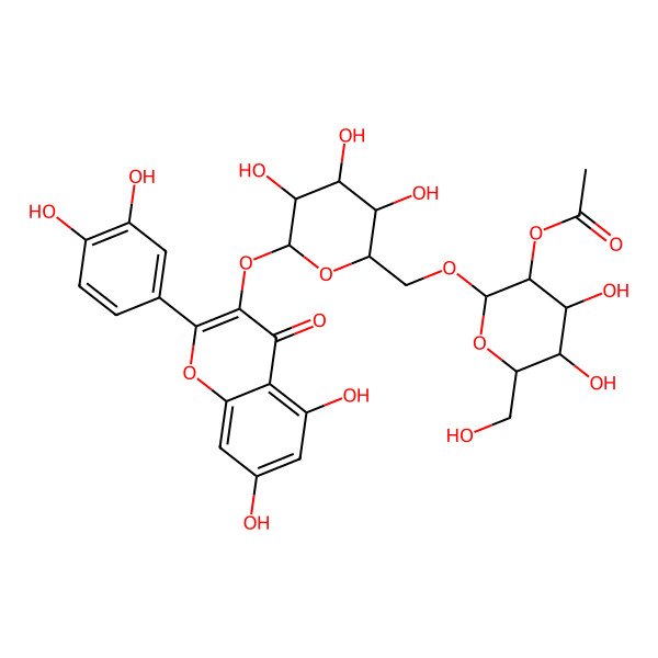 2D Structure of [(2R,3R,4S,5S,6R)-2-[[(2R,3S,4S,5R,6S)-6-[2-(3,4-dihydroxyphenyl)-5,7-dihydroxy-4-oxochromen-3-yl]oxy-3,4,5-trihydroxyoxan-2-yl]methoxy]-4,5-dihydroxy-6-(hydroxymethyl)oxan-3-yl] acetate
