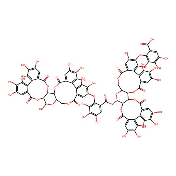 2D Structure of 2-[[20-[2-[(7,8,9,12,13,14,20,29,30,33,34,35-Dodecahydroxy-4,17,25,38-tetraoxo-3,18,21,24,39-pentaoxaheptacyclo[20.17.0.02,19.05,10.011,16.026,31.032,37]nonatriaconta-5,7,9,11,13,15,26,28,30,32,34,36-dodecaen-28-yl)oxy]-3,4,5-trihydroxybenzoyl]oxy-7,8,9,12,13,14,28,30,33,34,35-undecahydroxy-4,17,25,38-tetraoxo-3,18,21,24,39-pentaoxaheptacyclo[20.17.0.02,19.05,10.011,16.026,31.032,37]nonatriaconta-5,7,9,11,13,15,26,28,30,32,34,36-dodecaen-29-yl]oxy]-3,4,5-trihydroxybenzoic acid