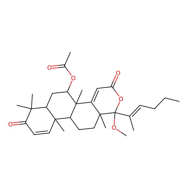 2D Structure of [(1S,4bR,5R,6aR,10aR,10bR,12aR)-1-[(E)-hex-2-en-2-yl]-1-methoxy-4b,7,7,10a,12a-pentamethyl-3,8-dioxo-5,6,6a,10b,11,12-hexahydronaphtho[2,1-f]isochromen-5-yl] acetate