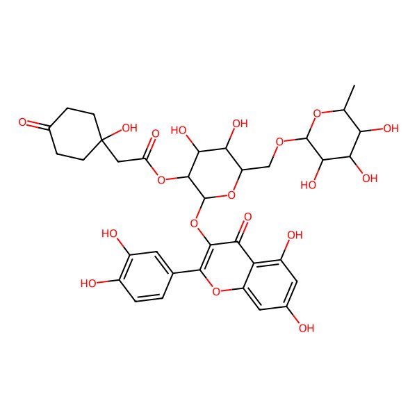 2D Structure of [2-[2-(3,4-Dihydroxyphenyl)-5,7-dihydroxy-4-oxochromen-3-yl]oxy-4,5-dihydroxy-6-[(3,4,5-trihydroxy-6-methyloxan-2-yl)oxymethyl]oxan-3-yl] 2-(1-hydroxy-4-oxocyclohexyl)acetate