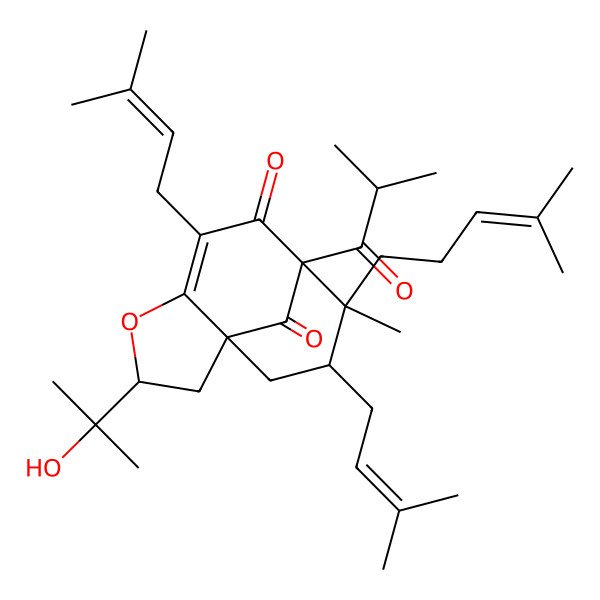 2D Structure of 3-(2-Hydroxypropan-2-yl)-9-methyl-6,10-bis(3-methylbut-2-enyl)-9-(4-methylpent-3-enyl)-8-(2-methylpropanoyl)-4-oxatricyclo[6.3.1.01,5]dodec-5-ene-7,12-dione