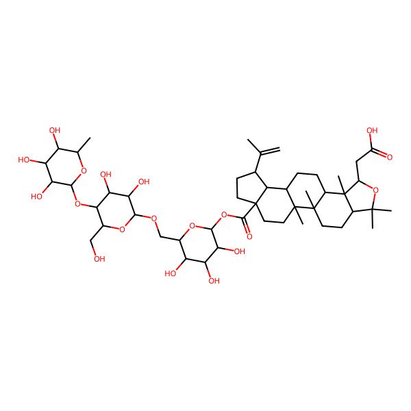 2D Structure of 2-[(1R,2R,5R,8R,9R,10S,13R,14S,15R,18S)-18-[(2S,3R,4S,5S,6R)-6-[[(2R,3R,4R,5S,6R)-3,4-dihydroxy-6-(hydroxymethyl)-5-[(2S,3R,4R,5R,6S)-3,4,5-trihydroxy-6-methyloxan-2-yl]oxyoxan-2-yl]oxymethyl]-3,4,5-trihydroxyoxan-2-yl]oxycarbonyl-1,2,6,6,9-pentamethyl-15-prop-1-en-2-yl-7-oxapentacyclo[11.7.0.02,10.05,9.014,18]icosan-8-yl]acetic acid