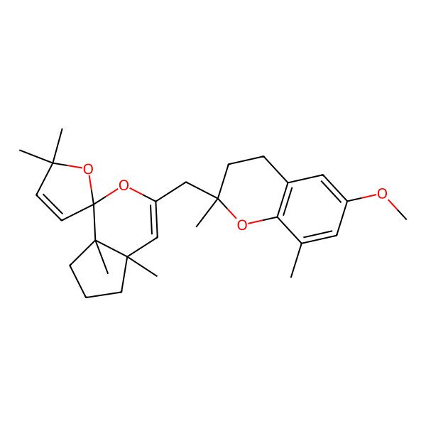 2D Structure of (1S,4aR,7aR)-3-[[(2S)-6-methoxy-2,8-dimethyl-3,4-dihydrochromen-2-yl]methyl]-4a,5',5',7a-tetramethylspiro[6,7-dihydro-5H-cyclopenta[c]pyran-1,2'-furan]