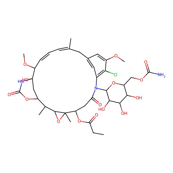 2D Structure of [9-[6-(Carbamoyloxymethyl)-3,4,5-trihydroxyoxan-2-yl]-11-chloro-21-hydroxy-12,20-dimethoxy-2,5,16-trimethyl-8,23-dioxo-4,24-dioxa-9,22-diazatetracyclo[19.3.1.110,14.03,5]hexacosa-10,12,14(26),16,18-pentaen-6-yl] propanoate