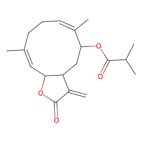 2D Structure of [(3aS,5S,6E,10E,11aR)-6,10-dimethyl-3-methylidene-2-oxo-3a,4,5,8,9,11a-hexahydrocyclodeca[b]furan-5-yl] 2-methylpropanoate