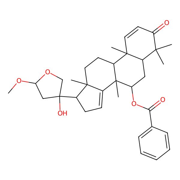 2D Structure of [(5R,7R,8R,9R,10R,13S,17S)-17-(3-hydroxy-5-methoxyoxolan-3-yl)-4,4,8,10,13-pentamethyl-3-oxo-5,6,7,9,11,12,16,17-octahydrocyclopenta[a]phenanthren-7-yl] benzoate