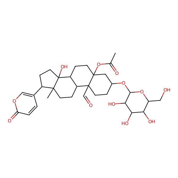 2D Structure of [(3S,5S,8R,9S,10S,13R,14S,17R)-10-formyl-14-hydroxy-13-methyl-17-(6-oxopyran-3-yl)-3-[(2R,3R,4S,5S,6R)-3,4,5-trihydroxy-6-(hydroxymethyl)oxan-2-yl]oxy-2,3,4,6,7,8,9,11,12,15,16,17-dodecahydro-1H-cyclopenta[a]phenanthren-5-yl] acetate