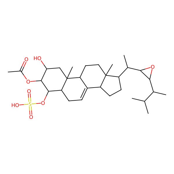 2D Structure of [(2R,3S,4S,9R,10R,13R,14R,17R)-2-hydroxy-10,13-dimethyl-17-[(1S)-1-[(2S,3S)-3-[(2R)-3-methylbutan-2-yl]oxiran-2-yl]ethyl]-4-sulfooxy-2,3,4,5,6,9,11,12,14,15,16,17-dodecahydro-1H-cyclopenta[a]phenanthren-3-yl] acetate