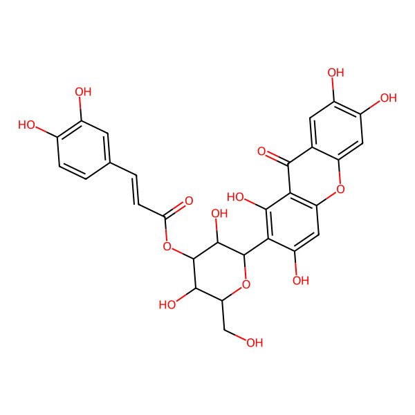2D Structure of [(2R,3R,4R,5S,6S)-3,5-dihydroxy-2-(hydroxymethyl)-6-(1,3,6,7-tetrahydroxy-9-oxoxanthen-2-yl)oxan-4-yl] (E)-3-(3,4-dihydroxyphenyl)prop-2-enoate