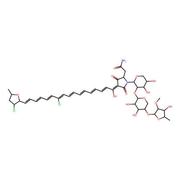 2D Structure of 2-[(2S,4Z)-4-[(2E,4E,6E,8E,10Z,12E,14Z,16E)-11-chloro-17-[(2S,3S,5R)-3-chloro-5-methyloxolan-2-yl]-1-hydroxyheptadeca-2,4,6,8,10,12,14,16-octaenylidene]-1-[(2R,3R,4S,5R)-3-[(2S,3S,4S,5R)-3,4-dihydroxy-5-[(2S,3S,4R,5R)-4-hydroxy-3-methoxy-5-methyloxolan-2-yl]oxyoxan-2-yl]oxy-4,5-dihydroxyoxan-2-yl]-3,5-dioxopyrrolidin-2-yl]acetamide