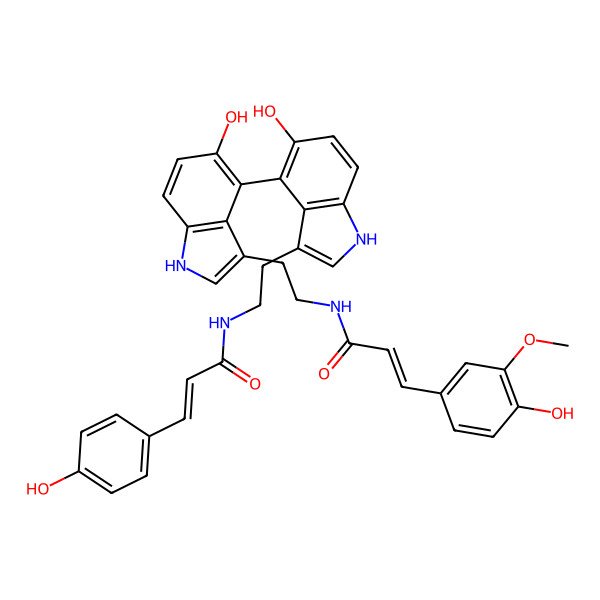 2D Structure of N-[2-[5-hydroxy-4-[5-hydroxy-3-[2-[3-(4-hydroxy-3-methoxyphenyl)prop-2-enoylamino]ethyl]-1H-indol-4-yl]-1H-indol-3-yl]ethyl]-3-(4-hydroxyphenyl)prop-2-enamide