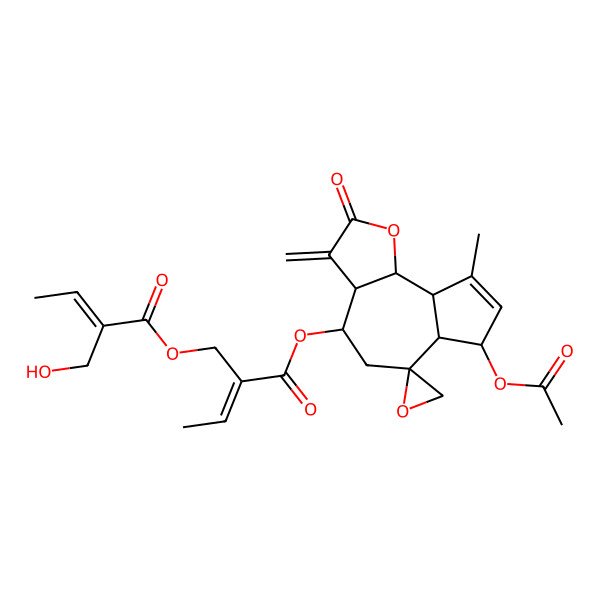 2D Structure of [(E)-2-[(3aR,4R,6R,6aS,7S,9aR,9bR)-7-acetyloxy-9-methyl-3-methylidene-2-oxospiro[4,5,6a,7,9a,9b-hexahydro-3aH-azuleno[4,5-b]furan-6,2'-oxirane]-4-yl]oxycarbonylbut-2-enyl] (E)-2-(hydroxymethyl)but-2-enoate