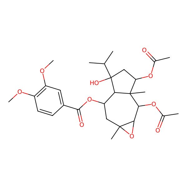 2D Structure of (2,3-diacetyloxy-5-hydroxy-2a,7a-dimethyl-5-propan-2-yl-2,3,4,5a,6,7-hexahydro-1aH-azuleno[6,7-b]oxiren-6-yl) 3,4-dimethoxybenzoate