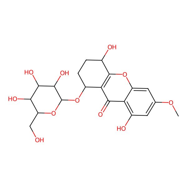2D Structure of (1S,4R)-4,8-dihydroxy-6-methoxy-1-[(2R,3S,4S,5S,6S)-3,4,5-trihydroxy-6-(hydroxymethyl)oxan-2-yl]oxy-1,2,3,4-tetrahydroxanthen-9-one