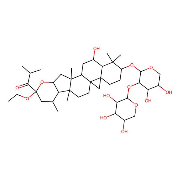 2D Structure of 1-[(1S,4R,5R,6R,8S,10S,12S,13S,15S,16R,18S,21R)-18-[(2S,3R,4S,5R)-4,5-dihydroxy-3-[(2S,3R,4S,5S)-3,4,5-trihydroxyoxan-2-yl]oxyoxan-2-yl]oxy-8-ethoxy-15-hydroxy-4,6,12,17,17-pentamethyl-9-oxahexacyclo[11.9.0.01,21.04,12.05,10.016,21]docosan-8-yl]-2-methylpropan-1-one