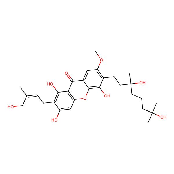 2D Structure of 6-[(3R)-3,7-dihydroxy-3,7-dimethyloctyl]-1,3,5-trihydroxy-2-[(E)-4-hydroxy-3-methylbut-2-enyl]-7-methoxyxanthen-9-one