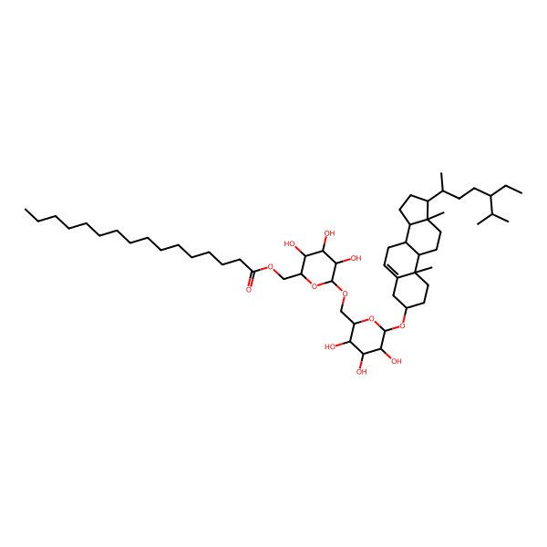 2D Structure of [6-[[6-[[17-(5-ethyl-6-methylheptan-2-yl)-10,13-dimethyl-2,3,4,7,8,9,11,12,14,15,16,17-dodecahydro-1H-cyclopenta[a]phenanthren-3-yl]oxy]-3,4,5-trihydroxyoxan-2-yl]methoxy]-3,4,5-trihydroxyoxan-2-yl]methyl hexadecanoate