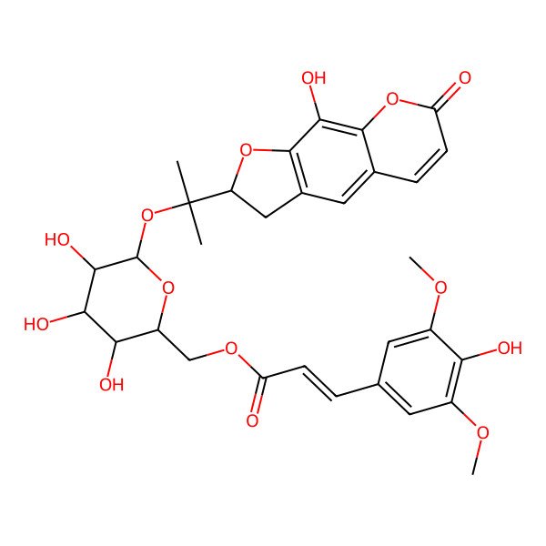 2D Structure of (+)-2,3-Dihydro-9-hydroxy-2[1-(6-sinapinoyl)beta-D-glucosyloxy-1-methylethyl]-7H-furo[3,2-g][1]benzopyran-7-one