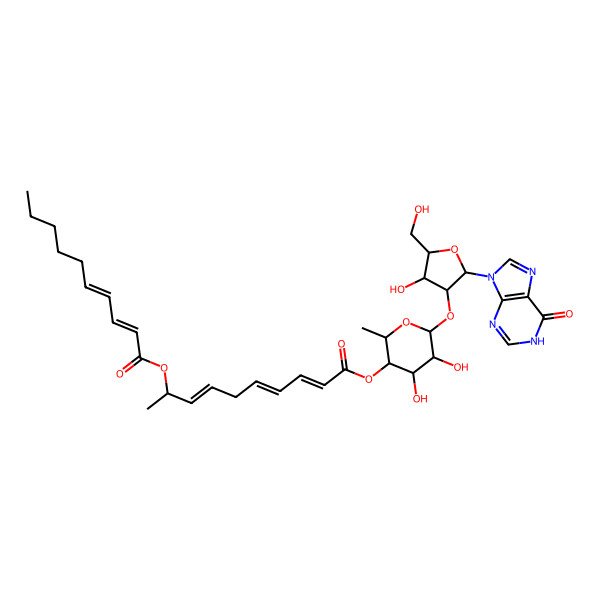 2D Structure of [4,5-dihydroxy-6-[4-hydroxy-5-(hydroxymethyl)-2-(6-oxo-1H-purin-9-yl)oxolan-3-yl]oxy-2-methyloxan-3-yl] 9-deca-2,4-dienoyloxydeca-2,4,7-trienoate