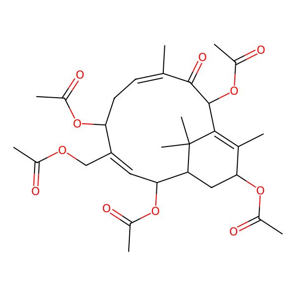 2D Structure of [(1R,2S,3E,5S,7E,10R,13S)-2,5,10,13-tetraacetyloxy-8,12,15,15-tetramethyl-9-oxo-4-bicyclo[9.3.1]pentadeca-3,7,11-trienyl]methyl acetate
