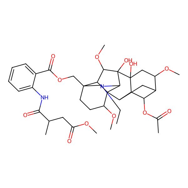 2D Structure of [(1S,2R,3R,4S,5R,6S,8R,9S,10S,13S,16S,17R,18S)-4-acetyloxy-11-ethyl-8,9-dihydroxy-6,16,18-trimethoxy-11-azahexacyclo[7.7.2.12,5.01,10.03,8.013,17]nonadecan-13-yl]methyl 2-[[(2R)-4-methoxy-2-methyl-4-oxobutanoyl]amino]benzoate