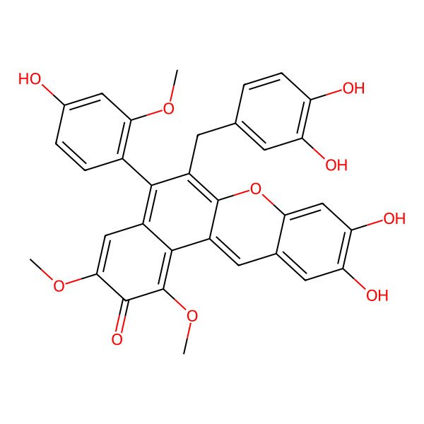 2D Structure of 6-[(3,4-Dihydroxyphenyl)methyl]-2,10-dihydroxy-5-(4-hydroxy-2-methoxyphenyl)-1,3-dimethoxy-9H-benzo[A]xanthen-9-one