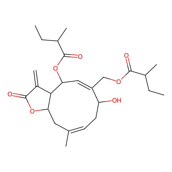 2D Structure of [(3aR,4R,5E,7R,9E,11aS)-7-hydroxy-10-methyl-4-[(2R)-2-methylbutanoyl]oxy-3-methylidene-2-oxo-3a,4,7,8,11,11a-hexahydrocyclodeca[b]furan-6-yl]methyl (2R)-2-methylbutanoate