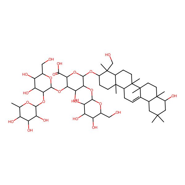2D Structure of (2S,3S,4S,5R,6R)-6-[[(3S,4S,4aR,6aR,6bS,8aR,9R,12aS,14aR,14bR)-9-hydroxy-4-(hydroxymethyl)-4,6a,6b,8a,11,11,14b-heptamethyl-1,2,3,4a,5,6,7,8,9,10,12,12a,14,14a-tetradecahydropicen-3-yl]oxy]-3-[(2S,3R,4S,5S,6R)-4,5-dihydroxy-6-(hydroxymethyl)-3-[(2S,3R,4R,5R,6S)-3,4,5-trihydroxy-6-methyloxan-2-yl]oxyoxan-2-yl]oxy-4-hydroxy-5-[(2S,3R,4S,5S,6R)-3,4,5-trihydroxy-6-(hydroxymethyl)oxan-2-yl]oxyoxane-2-carboxylic acid