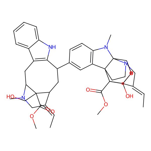 2D Structure of methyl (1R,2S,10S,15E,17R,18R)-15-ethylidene-7-[(1S,12S,14S,15E,18S)-15-ethylidene-18-(hydroxymethyl)-18-methoxycarbonyl-17-methyl-10,17-diazatetracyclo[12.3.1.03,11.04,9]octadeca-3(11),4,6,8-tetraen-12-yl]-18-hydroxy-3-methyl-19-oxa-3,13-diazahexacyclo[14.3.1.02,10.02,13.04,9.010,17]icosa-4(9),5,7-triene-17-carboxylate