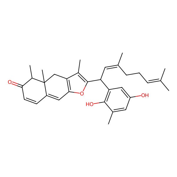 2D Structure of (4aR,5R)-2-[(1R,2E)-1-(2,5-dihydroxy-3-methylphenyl)-3,7-dimethylocta-2,6-dienyl]-3,4a,5-trimethyl-4,5-dihydrobenzo[f][1]benzofuran-6-one