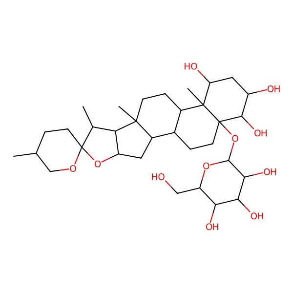2D Structure of (1S,2S,4S,5'R,6R,7S,8R,9S,12S,13S,14R,16S,17S,18R)-5',7,9,13-tetramethyl-18-[(2S,3R,4S,5S,6R)-3,4,5-trihydroxy-6-(hydroxymethyl)oxan-2-yl]oxyspiro[5-oxapentacyclo[10.8.0.02,9.04,8.013,18]icosane-6,2'-oxane]-14,16,17-triol