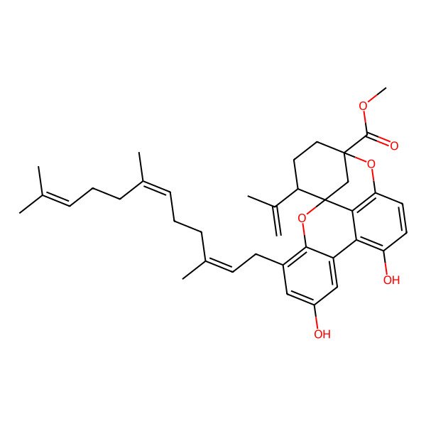 2D Structure of Methyl 10,14-dihydroxy-2-prop-1-en-2-yl-16-(3,7,11-trimethyldodeca-2,6,10-trienyl)-6,18-dioxapentacyclo[9.7.1.11,5.07,19.012,17]icosa-7(19),8,10,12,14,16-hexaene-5-carboxylate