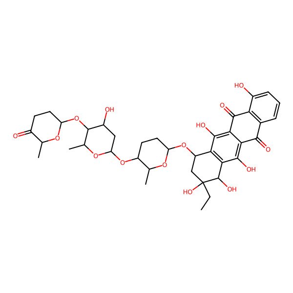 2D Structure of 9-ethyl-4,6,9,10,11-pentahydroxy-7-[5-[4-hydroxy-6-methyl-5-(6-methyl-5-oxooxan-2-yl)oxyoxan-2-yl]oxy-6-methyloxan-2-yl]oxy-8,10-dihydro-7H-tetracene-5,12-dione