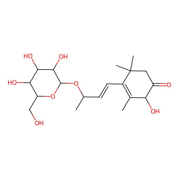 2D Structure of (2R)-2-hydroxy-3,5,5-trimethyl-4-[(E,3R)-3-[(2R,3R,4S,5S,6R)-3,4,5-trihydroxy-6-(hydroxymethyl)oxan-2-yl]oxybut-1-enyl]cyclohex-3-en-1-one
