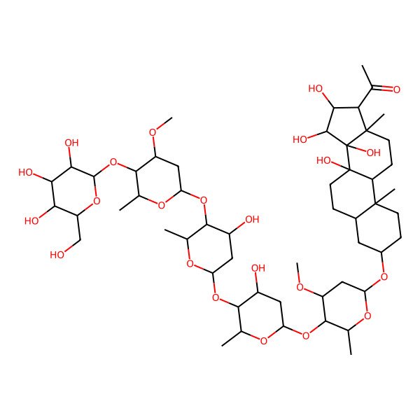2D Structure of 1-[8,14,15,16-tetrahydroxy-3-[5-[4-hydroxy-5-[4-hydroxy-5-[4-methoxy-6-methyl-5-[3,4,5-trihydroxy-6-(hydroxymethyl)oxan-2-yl]oxyoxan-2-yl]oxy-6-methyloxan-2-yl]oxy-6-methyloxan-2-yl]oxy-4-methoxy-6-methyloxan-2-yl]oxy-10,13-dimethyl-2,3,4,5,6,7,9,11,12,15,16,17-dodecahydro-1H-cyclopenta[a]phenanthren-17-yl]ethanone