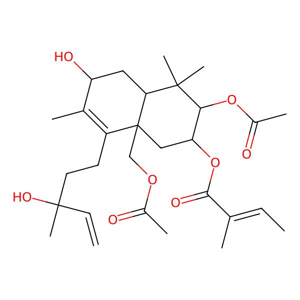 2D Structure of [3-Acetyloxy-8a-(acetyloxymethyl)-6-hydroxy-8-(3-hydroxy-3-methylpent-4-enyl)-4,4,7-trimethyl-1,2,3,4a,5,6-hexahydronaphthalen-2-yl] 2-methylbut-2-enoate