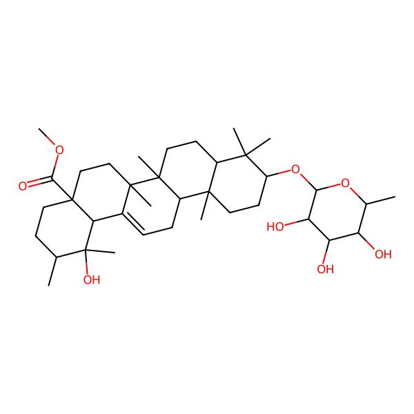 2D Structure of Methyl 1-hydroxy-1,2,6a,6b,9,9,12a-heptamethyl-10-(3,4,5-trihydroxy-6-methyloxan-2-yl)oxy-2,3,4,5,6,6a,7,8,8a,10,11,12,13,14b-tetradecahydropicene-4a-carboxylate 2D Structure of Methyl 1-hydroxy-1,2,6a,6b,9,9,12a-heptamethyl-10-(3,4,5-trihydroxy-6-methyloxan-2-yl)oxy-2,3,4,5,6,6a,7,8,8a,10,11,12,13,14b-tetradecahydropicene-4a-carboxylate