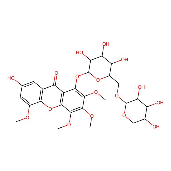 2D Structure of 7-hydroxy-2,3,4,5-tetramethoxy-1-[(2S,3R,4S,5S,6R)-3,4,5-trihydroxy-6-[[(2S,3R,4S,5R)-3,4,5-trihydroxyoxan-2-yl]oxymethyl]oxan-2-yl]oxyxanthen-9-one