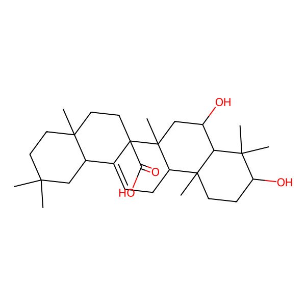 2D Structure of (4aR,6aR,6aR,6bR,8S,8aR,10S,12aR,14bR)-8,10-dihydroxy-2,2,4a,6b,9,9,12a-heptamethyl-1,3,4,5,6,6a,7,8,8a,10,11,12,13,14b-tetradecahydropicene-6a-carboxylic acid