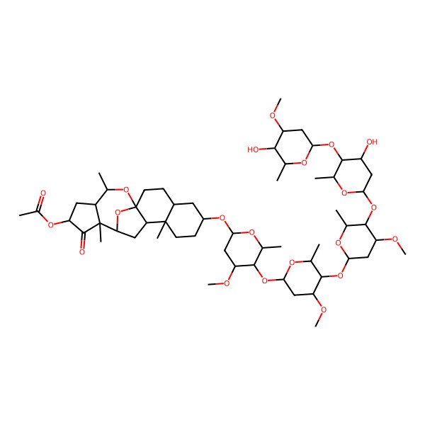 2D Structure of [(1S,4S,6S,9S,10R,12R,13S,15S,17R,18S)-6-[(2R,4S,5R,6R)-5-[(2S,4S,5R,6R)-5-[(2S,4R,5R,6R)-5-[(2S,4S,5S,6R)-4-hydroxy-5-[(2S,4R,5R,6R)-5-hydroxy-4-methoxy-6-methyloxan-2-yl]oxy-6-methyloxan-2-yl]oxy-4-methoxy-6-methyloxan-2-yl]oxy-4-methoxy-6-methyloxan-2-yl]oxy-4-methoxy-6-methyloxan-2-yl]oxy-9,13,18-trimethyl-14-oxo-19,20-dioxapentacyclo[10.7.1.01,10.04,9.013,17]icosan-15-yl] acetate