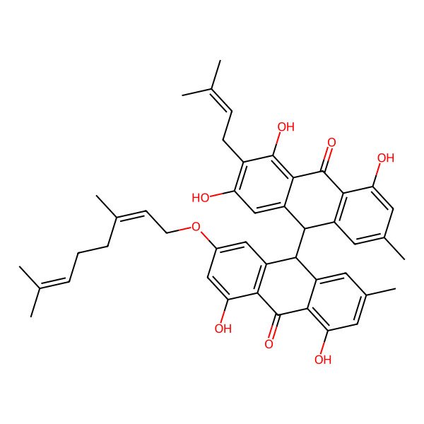 2D Structure of 10-[2-(3,7-dimethylocta-2,6-dienoxy)-4,5-dihydroxy-7-methyl-10-oxo-9H-anthracen-9-yl]-1,3,8-trihydroxy-6-methyl-2-(3-methylbut-2-enyl)-10H-anthracen-9-one