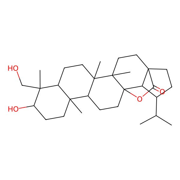 2D Structure of 10-Hydroxy-9-(hydroxymethyl)-4,5,9,13-tetramethyl-19-propan-2-yl-23-oxahexacyclo[15.4.2.01,18.04,17.05,14.08,13]tricosan-22-one