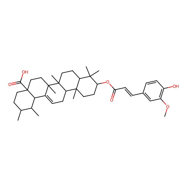 2D Structure of (1S,2R,4aS,6aR,6aS,6bR,8aR,10S,12aR,14bS)-10-[(E)-3-(4-hydroxy-3-methoxyphenyl)prop-2-enoyl]oxy-1,2,6a,6b,9,9,12a-heptamethyl-2,3,4,5,6,6a,7,8,8a,10,11,12,13,14b-tetradecahydro-1H-picene-4a-carboxylic acid